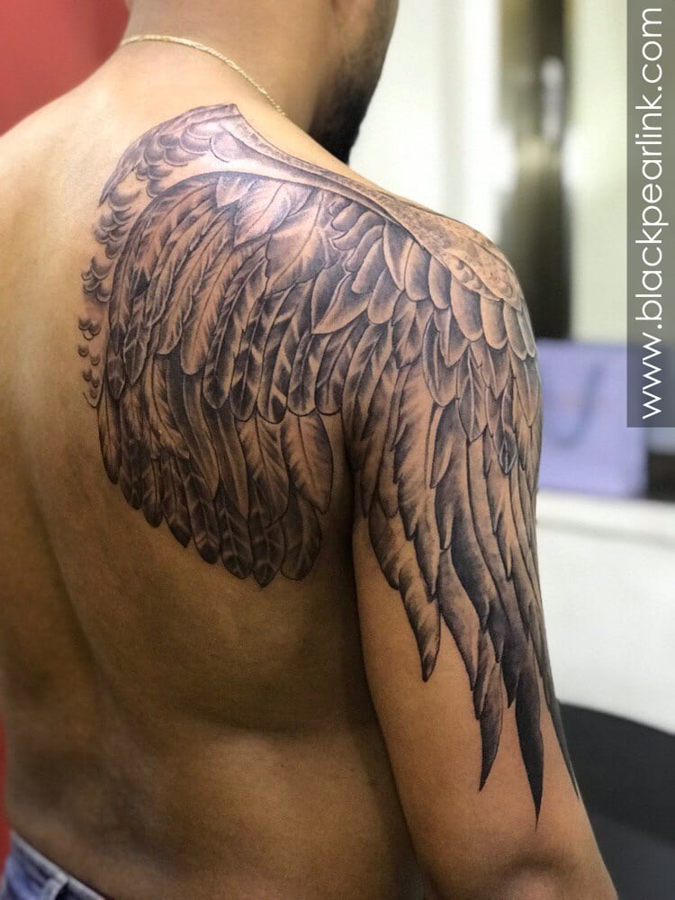 Black and Grey Wings Tattoo on Half Sleeve 1