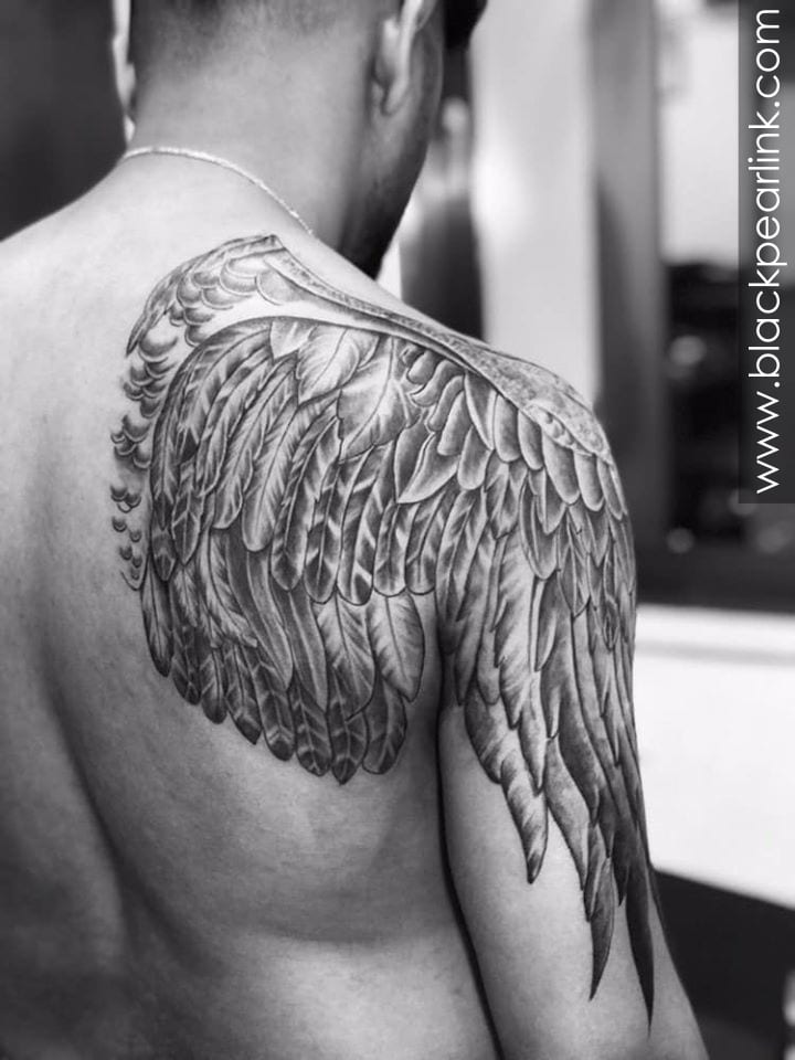 Grey Ink Angel Wings And Arrow Quote Tattoo For Couple – Truetattoos